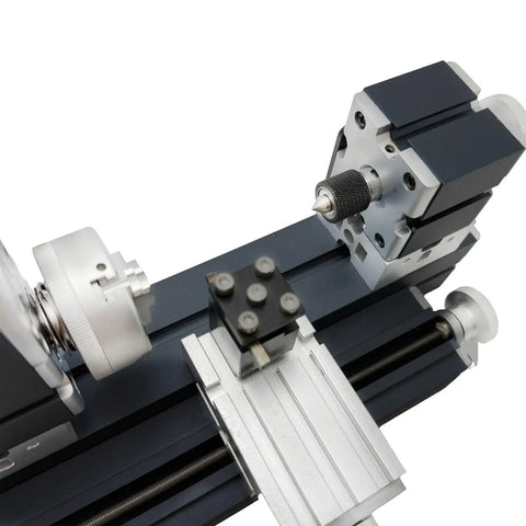 EssSthmy Height Enhanced Mini Lathe Machine 50mm Center Height showing precision tool components for metal and wood crafting.