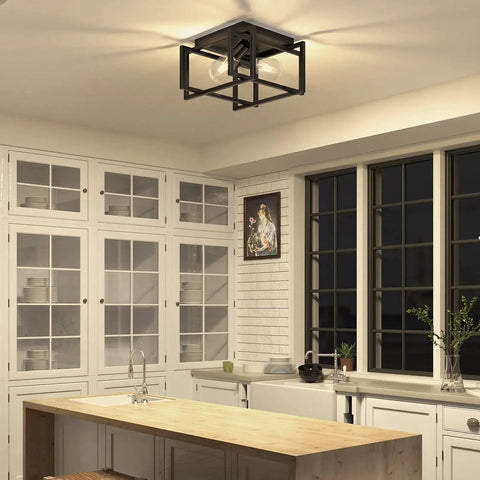 Super Sleek Modern Industrial Black Metal Rectangle Two Light Flush Mount Ceiling Light Fixture in kitchen setting