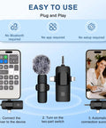 Diagram showing setup of 3-In-1 Wireless Lavalier Microphone For iPhone And Android, Studio Quality Sound With Noise Cancellation.