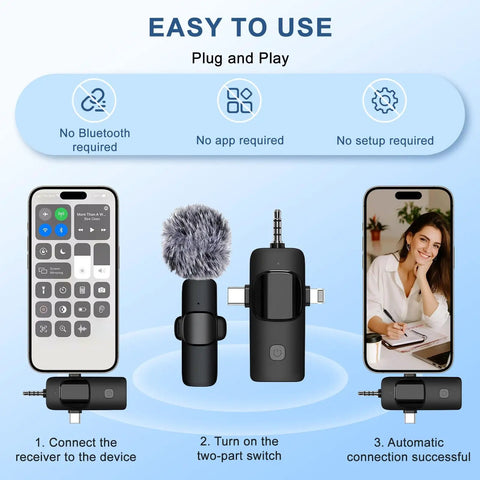 Diagram showing setup of 3-In-1 Wireless Lavalier Microphone For iPhone And Android, Studio Quality Sound With Noise Cancellation.