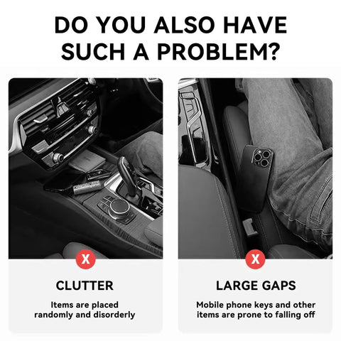 Image showing cluttered car console and large gap without Two Pack Car Seat Gap Filler Organizer For Between Seat And Console Keeps Coins Wallets Keys Handy Waterproof Durable TPE Material Black Universal Car Storage Box Inserts.
