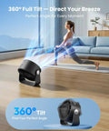 Rechargeable Small Desk Fan With Quiet 35dB Breeze in yoga setting, showing 360-degree tilt and airflow for home use.