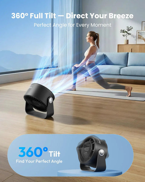 Rechargeable Small Desk Fan With Quiet 35dB Breeze in yoga setting, showing 360-degree tilt and airflow for home use.
