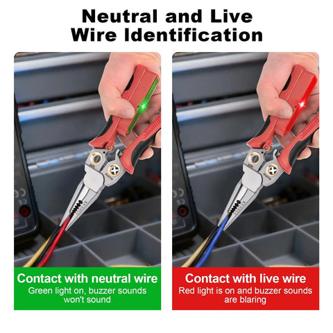 8-In-1 Wire Stripping Pliers With Voltage Tester showing neutral and live wire identification with indicator lights