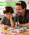 Father and son using wooden fraction tiles and circles set for kid-friendly hands-on math, homeschool, Montessori learning kit.