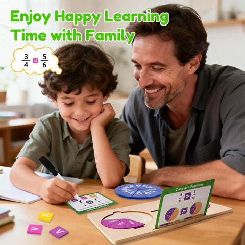 Father and son using wooden fraction tiles and circles set for kid-friendly hands-on math, homeschool, Montessori learning kit.
