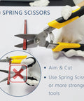 Hands using spring scissors to cut 10 Pack 36 Inch Peel And Stick Aluminum Tile Trim For Kitchen Backsplash Edge Decorative Self Adhering Matte Silver DIY Friendly No Sweat Install Durable Water And Heat Resistant Repaintable Finish.