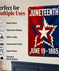 Juneteenth sign with star design on a red and blue background, perfect for home, classroom, office, community, and events.
