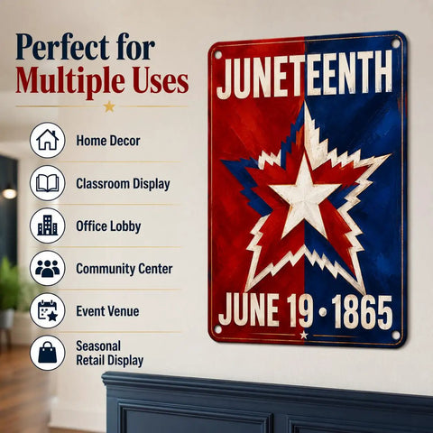 Juneteenth sign with star design on a red and blue background, perfect for home, classroom, office, community, and events.