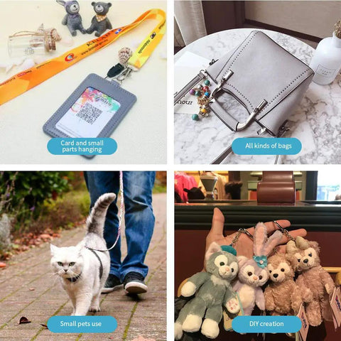 100 Pcs Keychain Hooks With Key Rings And 360 Degree Swivel Lobster Claw Clasps For Keychains Lanyards Jewelry Making Crafts Durable Zinc Alloy Lead Free Environment Friendly Silver displayed in multiple use cases like hanging cards, on a bag, with pets, and for DIY crafts.