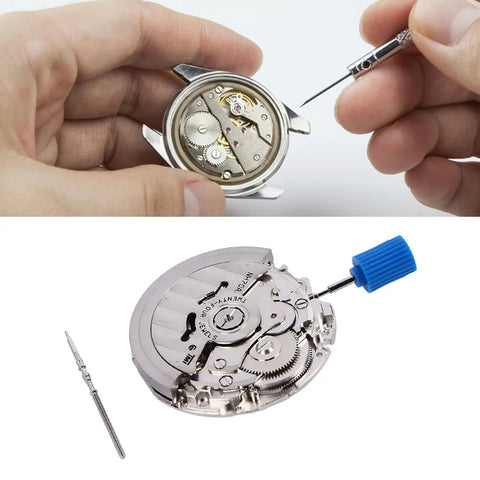 Metal Mechanical Watch Movement Spare Part Complete Set With Storage Box, screws, and seals shown with screwdriver.