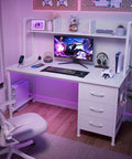White Computer Desk with Hutch and Drawers 47 Inch Space Saving Modern Study Writing Desk for Bedroom and Home Office