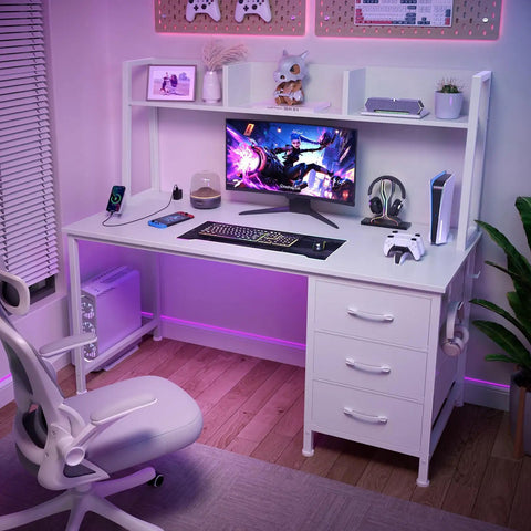White Computer Desk with Hutch and Drawers 47 Inch Space Saving Modern Study Writing Desk for Bedroom and Home Office