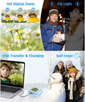 Dual Lens Instant Print Camera For Kids With 1080P Video And Zero Ink Printing Includes 32GB Card And Print Paper Blue features shown.