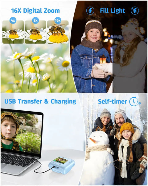 Dual Lens Instant Print Camera For Kids With 1080P Video And Zero Ink Printing Includes 32GB Card And Print Paper Blue features shown.