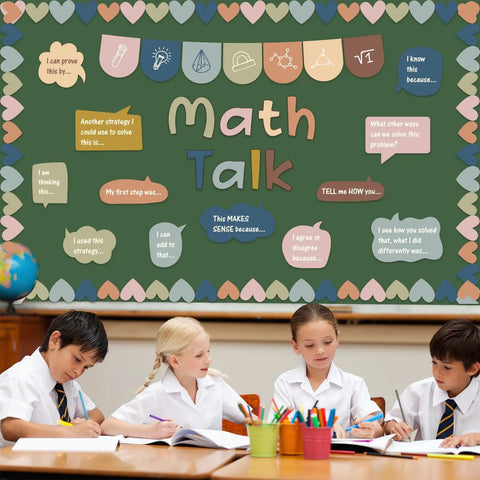 Math Talk Bulletin Board Set For Classrooms With Style 43 Pieces Including 27 Sentence Starters in classroom with students.