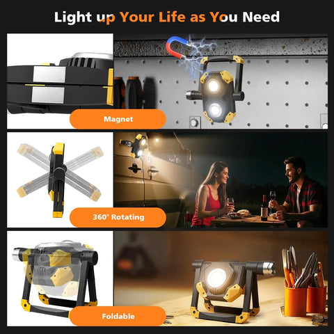 2 Pack 2500LM Magnetic Rechargeable Work Light With 360 Degree Rotating Stand And Foldable Design, showing various uses including installation on a metal surface and lighting a scene in camping.