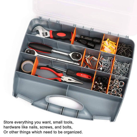 Handy Heavy Duty Hardware Storage Box With Easy Carry Handle And Clear Lid, 21 Adjustable Compartments And 2 Fixed Sections