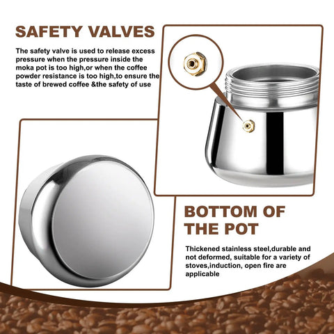 2 Cup Stovetop Espresso Maker Stainless Steel Moka Pot For Home Or Camp Easy Brew Induction Ready safety valve feature