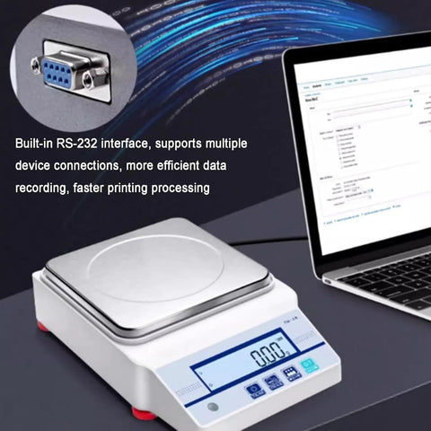 Heavy Duty Electronic Hydrostatic Balance Scale With Crisp Lcd Panel And Sturdy Metal Tray Built Legit For Dead On Precise Density And Volume Testing Up To Five KG Capacity showing RS-232 interface and LCD display.