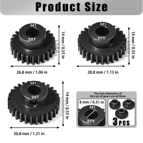 8mm Steel Pinion Gear Set 25T 27T 29T With Laser Engraved Tooth Count For 1/5 X Maxx RC Model Car Buggy Truck, size dimensions shown