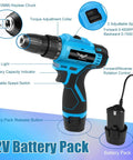 12V Cordless Drill Kit With LED Light, 146 Piece Do It All Home Tool Set showing drill design, features labeled