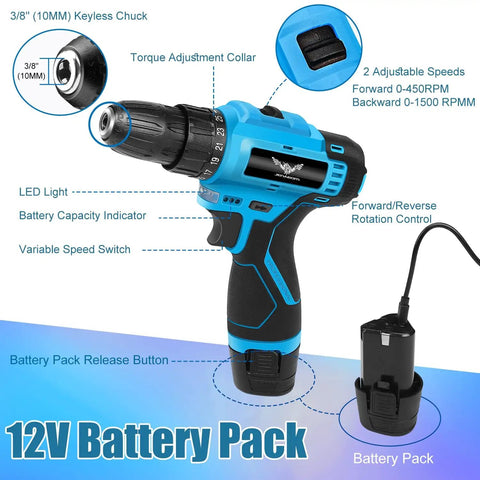 12V Cordless Drill Kit With LED Light, 146 Piece Do It All Home Tool Set showing drill design, features labeled