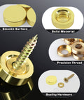 Close-up of Knockout Brass Screw Covers and Decorative Gold Metal Caps. Showcase of 12 piece set with smooth finish and screws.