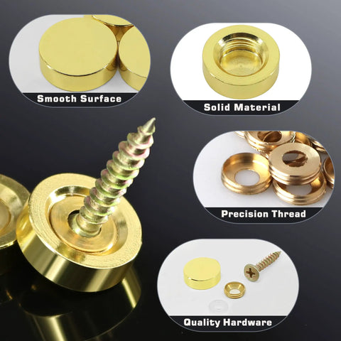 Close-up of Knockout Brass Screw Covers and Decorative Gold Metal Caps. Showcase of 12 piece set with smooth finish and screws.