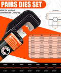 Close-up of 10 Ton Hydraulic Battery Cable Crimper With 9 Dies and sizing chart for crimping various cable sizes.