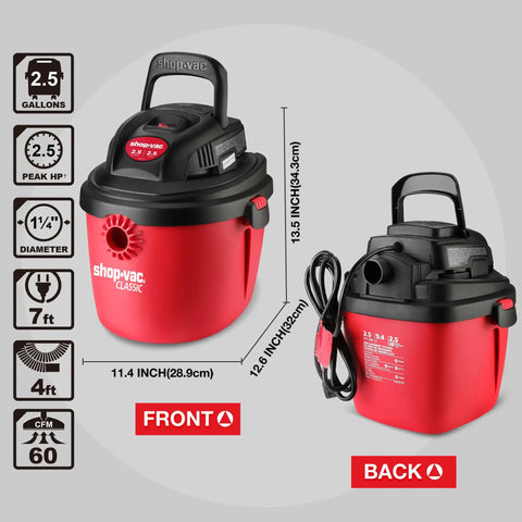 2.5 Gallon 2.5 Peak HP Wet Dry Vacuum Portable Compact Shop Vacuum With Collapsible Handle Wall Bracket And Versatile Attachments For Home Garage And Jobsite