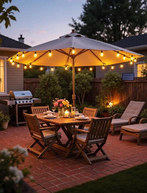 Outdoor Solar String Lights 25 Ft With Remote Waterproof Dimmable 3 Modes Patio Lighting 11 G40 Shatterproof Bulbs on umbrella