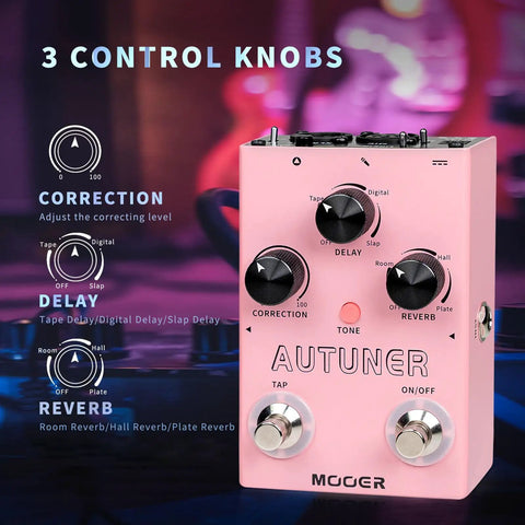 Autuner Vocal Effects Pedal For Guitarists With Pitch Correction Reverb Delay And One Click Vocal Synth displayed with features