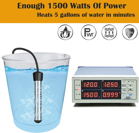 Immersion Water Heater 1500W with 304 stainless steel cover in water with digital LCD thermometer display for 5 gallons
