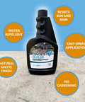 Hella Tough Water Based Concrete Sealer Spray For Patios And Masonry, 17 oz bottle with labels on a concrete surface.
