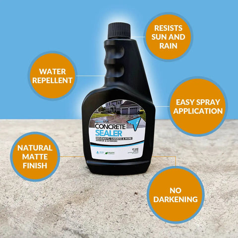 Hella Tough Water Based Concrete Sealer Spray For Patios And Masonry, 17 oz bottle with labels on a concrete surface.