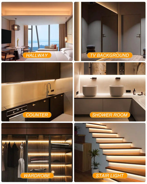 Under Cabinet Lighting Kit With 15 Ft Extendable LED Strips illuminating various rooms and surfaces including kitchen counters and stairs.