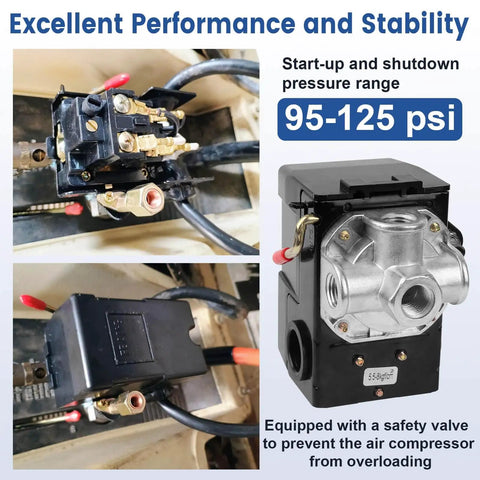 Air Compressor Pressure Switch 95-125 PSI 20A Replacement With 4 Port 1/4 NPT Unloader Valve Easy Install Plug and Play Durable 6.3mm