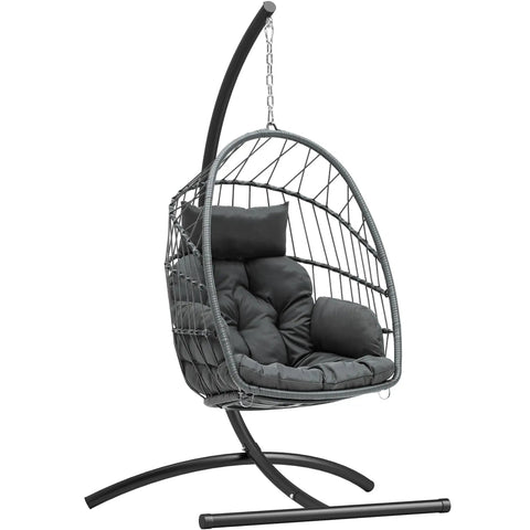 Chill Outdoor Hanging Egg Chair With Stand For Patio And Garden, Cushioned Wicker Rattan Swing Chair Up To 300 Lbs, Perfect For Balcony Or Bedroom, Gray view showing wicker design and cushion