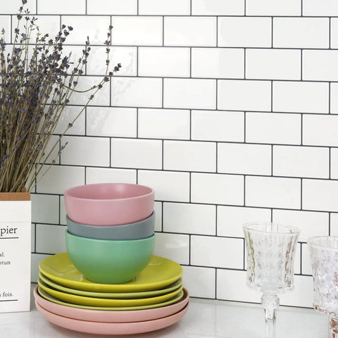 Kitchen with Thick Peel And Stick White Subway Tile Backsplash Kit With Ten 12 By 12 Inch Self Adhesive Tiles, dishes and decor
