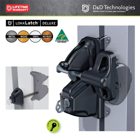 Heavy Duty Adjustable Gate Latch With Six Pin Key Lock, Rekeyable Fence Hardware Fits Square Posts Up To Six Inches, No Sweat Installation Black Security Lock for Barns and Driveways.