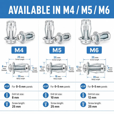 Heavy Duty Aluminum Button Rivet And Locking Nuts Set With M4 M5 M6 Sizes shown in dimensions and sizes for automotive repairs and DIY.