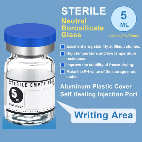 20 Pack Sealed Sterile 5ml Glass Vials With Self Healing Injection Port For Medical Lab And Home Use, Includes 20 Blue Label Stickers, Durable Seals, Leak Proof Design By Threlaco