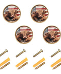 Four decorative round cabinet knobs with cow print design, screws for easy mount, suitable for drawers or cabinets.