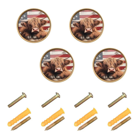 Four decorative round cabinet knobs with cow print design, screws for easy mount, suitable for drawers or cabinets.