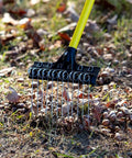 All Purpose Shrub Rake With A 36 Inch Lightweight Fiberglass Handle And A 9 Inch Steel Tine Head for de-thatching on grass