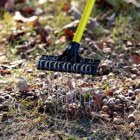 All Purpose Shrub Rake With A 36 Inch Lightweight Fiberglass Handle And A 9 Inch Steel Tine Head for de-thatching on grass