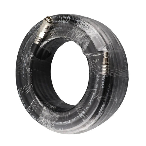 Built Tough Rubber Air Hose With All Season Flex And Straight Shooting Pneumatic Air Compressor Tubing coiled, black, 3/8 inch size.