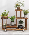 Wooden plant stand with 1 Inch Swivel Plate Casters With Brake, L Bracket Side Mount, TPR Rubber Quiet Mute Casters For Furniture Replacement