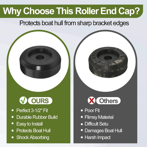 Comparison of Boat Trailer Keel Roller End Caps 3.5 Inch Black Rubber and worn rubber, highlighting durability and protection.